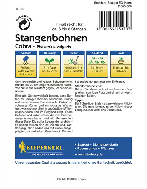 Kiepenkerl Saatgut Stangenbohne Cobra 