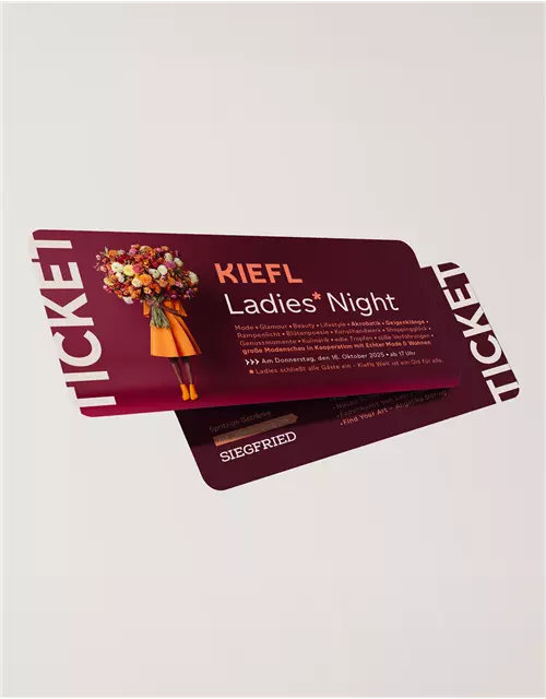 Gestaltetes Ticket für die Kiefl Ladies Night 2025 in Bordeauxrot mit orangenen Akzenten, Illustration einer Frau im orangefarbenen Kleid mit großem Blumenstrauß und Eventinformationen.