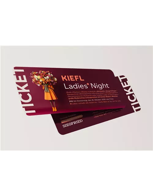 Gestaltetes Ticket für die Kiefl Ladies Night 2025 in Bordeauxrot mit orangenen Akzenten, Illustration einer Frau im orangefarbenen Kleid mit großem Blumenstrauß und Eventinformationen.