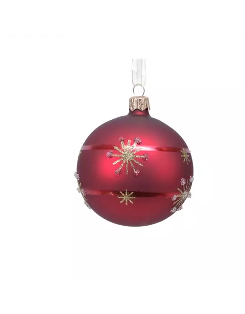Glaskugel mit Schneeflocken, rot, matt
